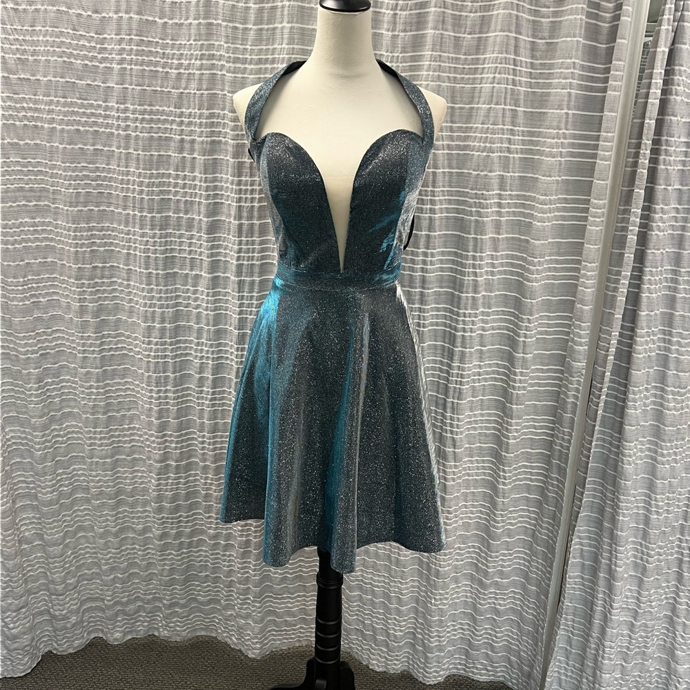 Splash Metallic Teal Backless Dress